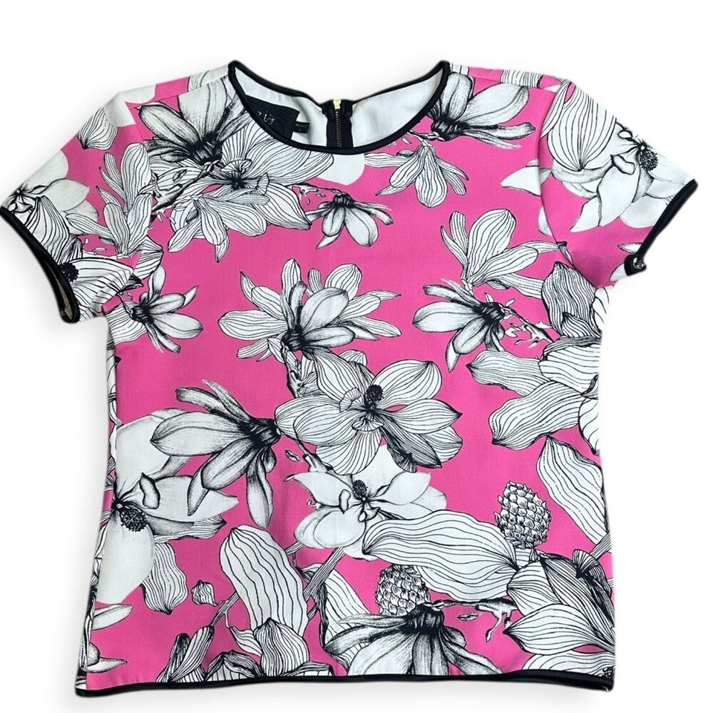 SKAZI Women’s Pink and Black Short Sleeve Floral Print Zip Up Back Blouse Size L